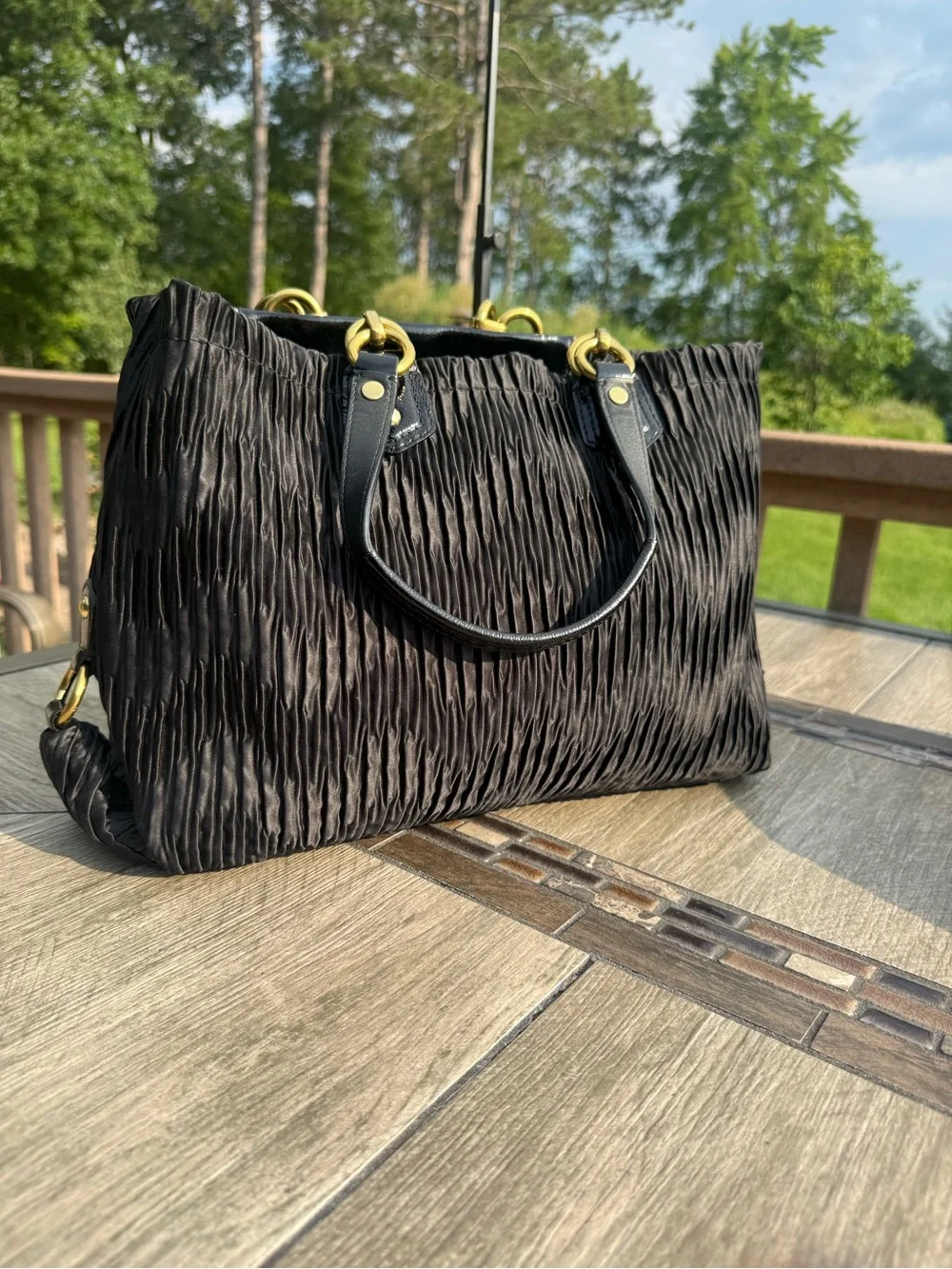 EUC Coach Ashley Gathered Satin Carryall Black Brass Hardware Shoulder Bag